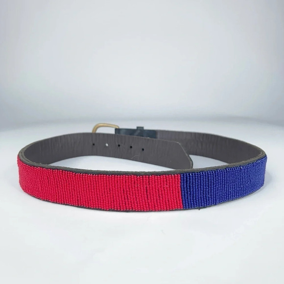 Angama Beaded Waist Belt Red Blue Maasai Kenya Black Leather Small main image 7